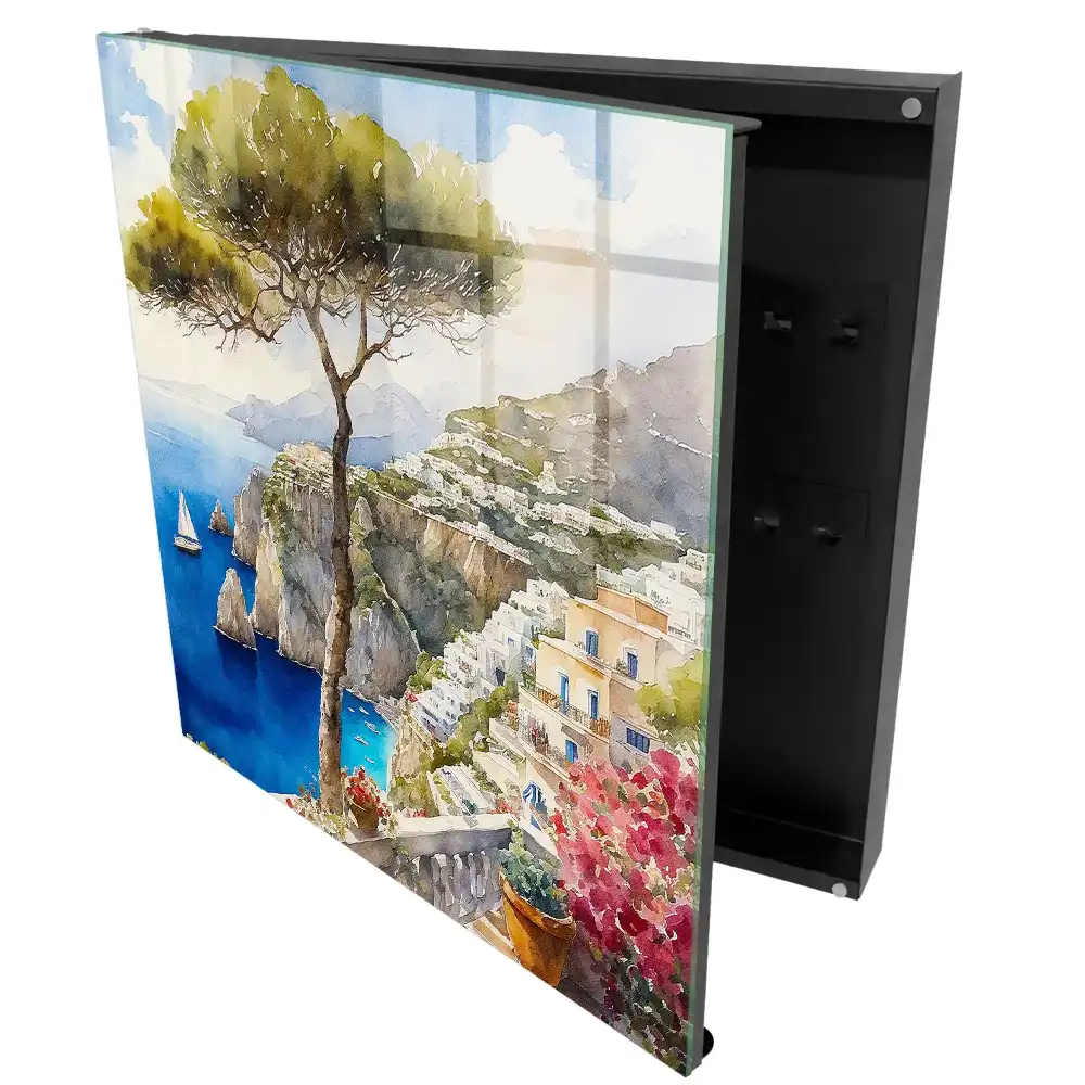 Cuier de perete pentru chei mare cu design peisaj cu dealuri verzi și cer albastru
