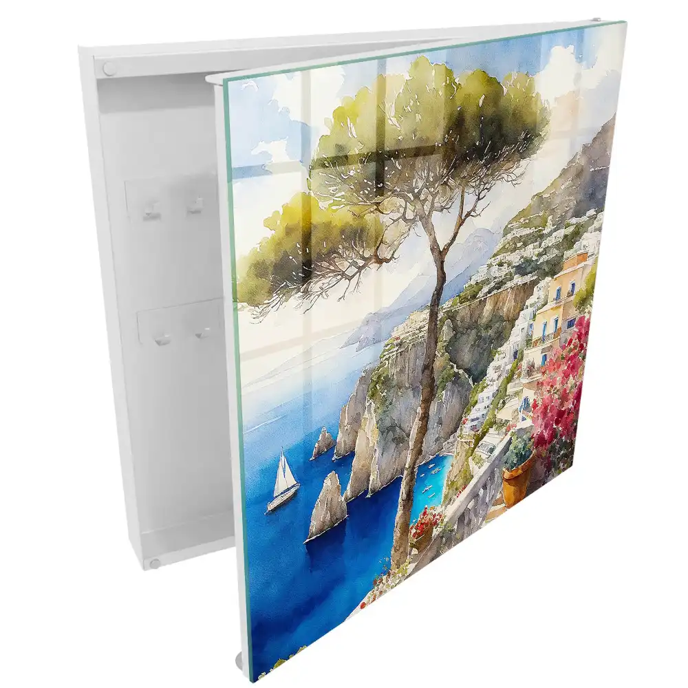 Cuier de perete pentru chei mare cu design peisaj cu dealuri verzi și cer albastru