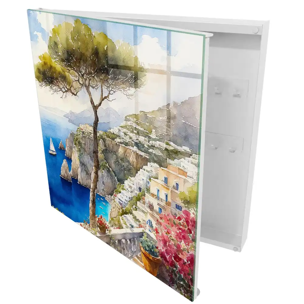 Cuier de perete pentru chei mare cu design peisaj cu dealuri verzi și cer albastru