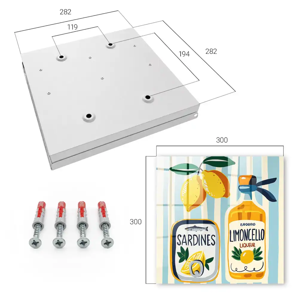 Dulapior pentru chei cu sticlă de limoncello, conservă de sardine și lămâi