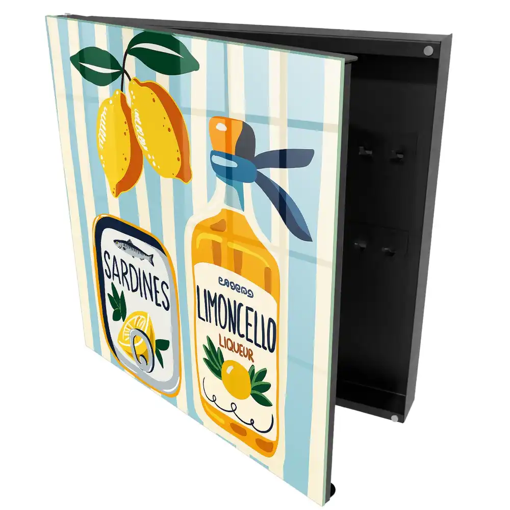 Dulapior pentru chei cu sticlă de limoncello, conservă de sardine și lămâi