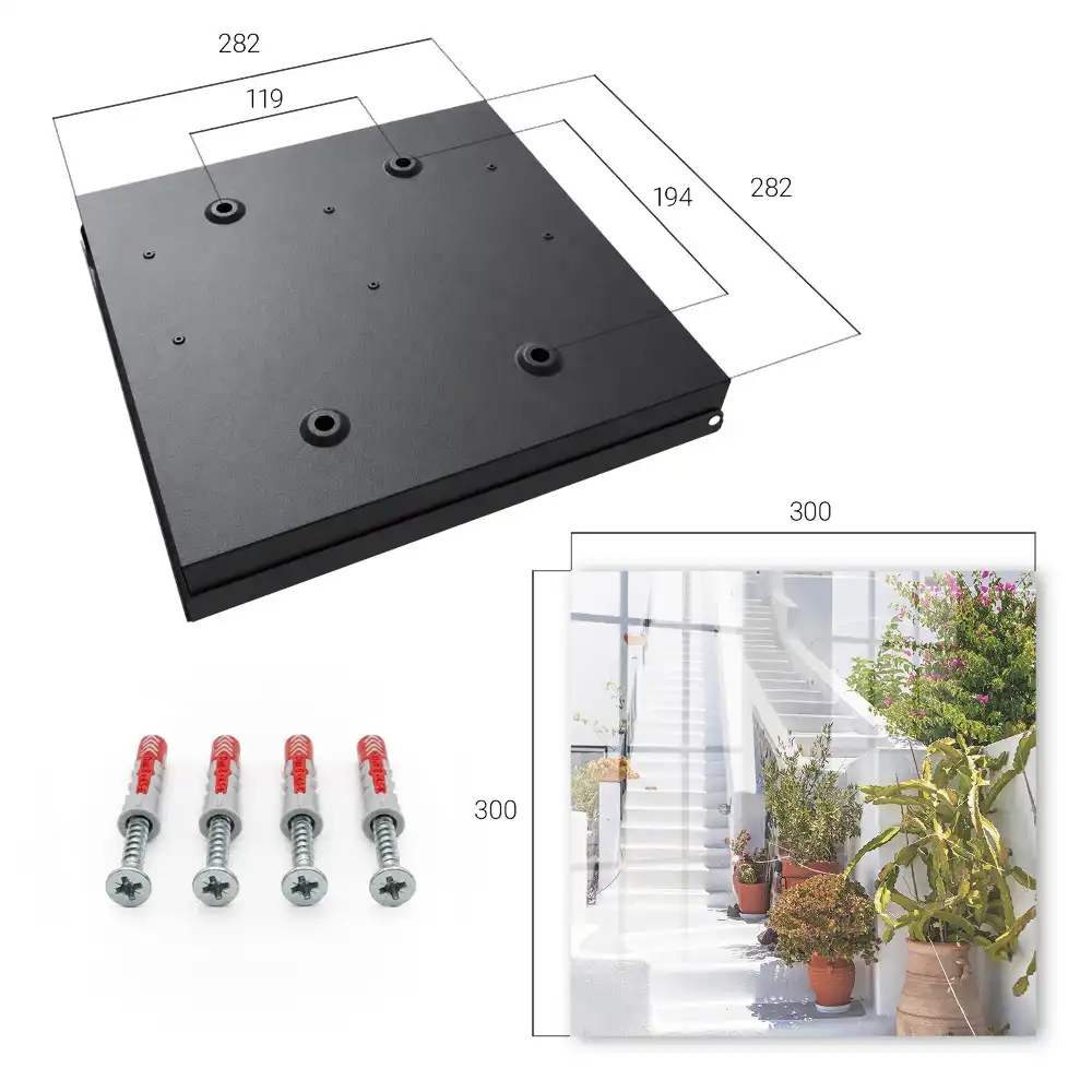 Dulapior pentru chei cu design de scări albe înconjurat de plante în ghiveci