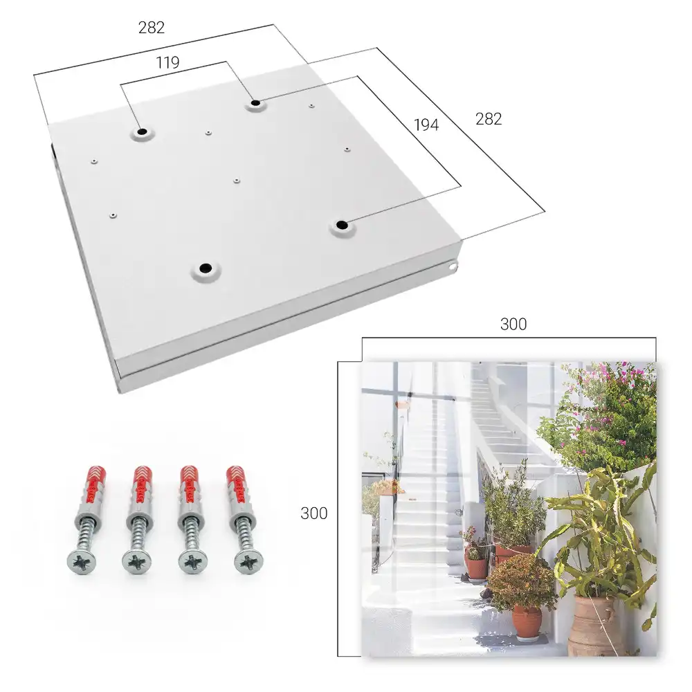 Dulapior pentru chei cu design de scări albe înconjurat de plante în ghiveci
