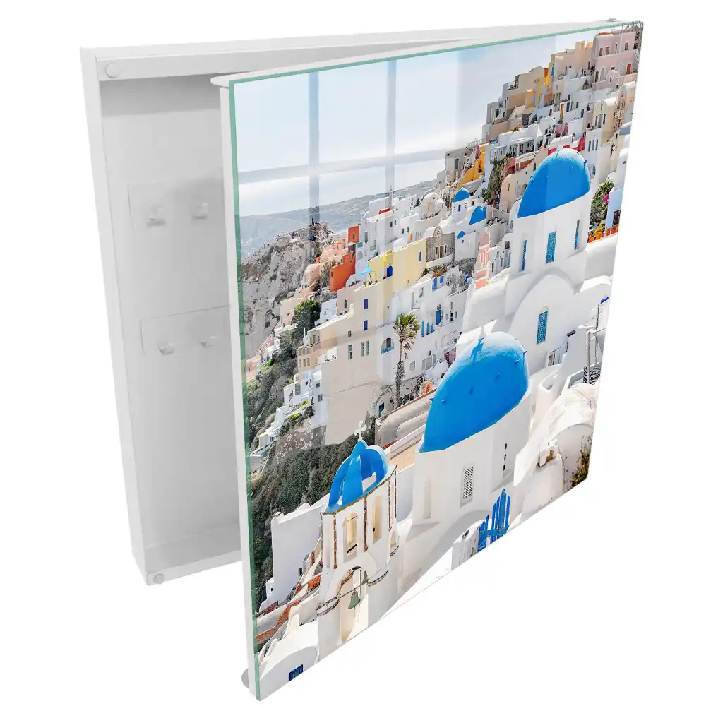 Casetă pentru chei cu design de case albe și cupole albastre
