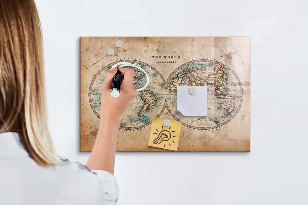 Tablă magnetică din sticlă cu design hartă a globului pământesc