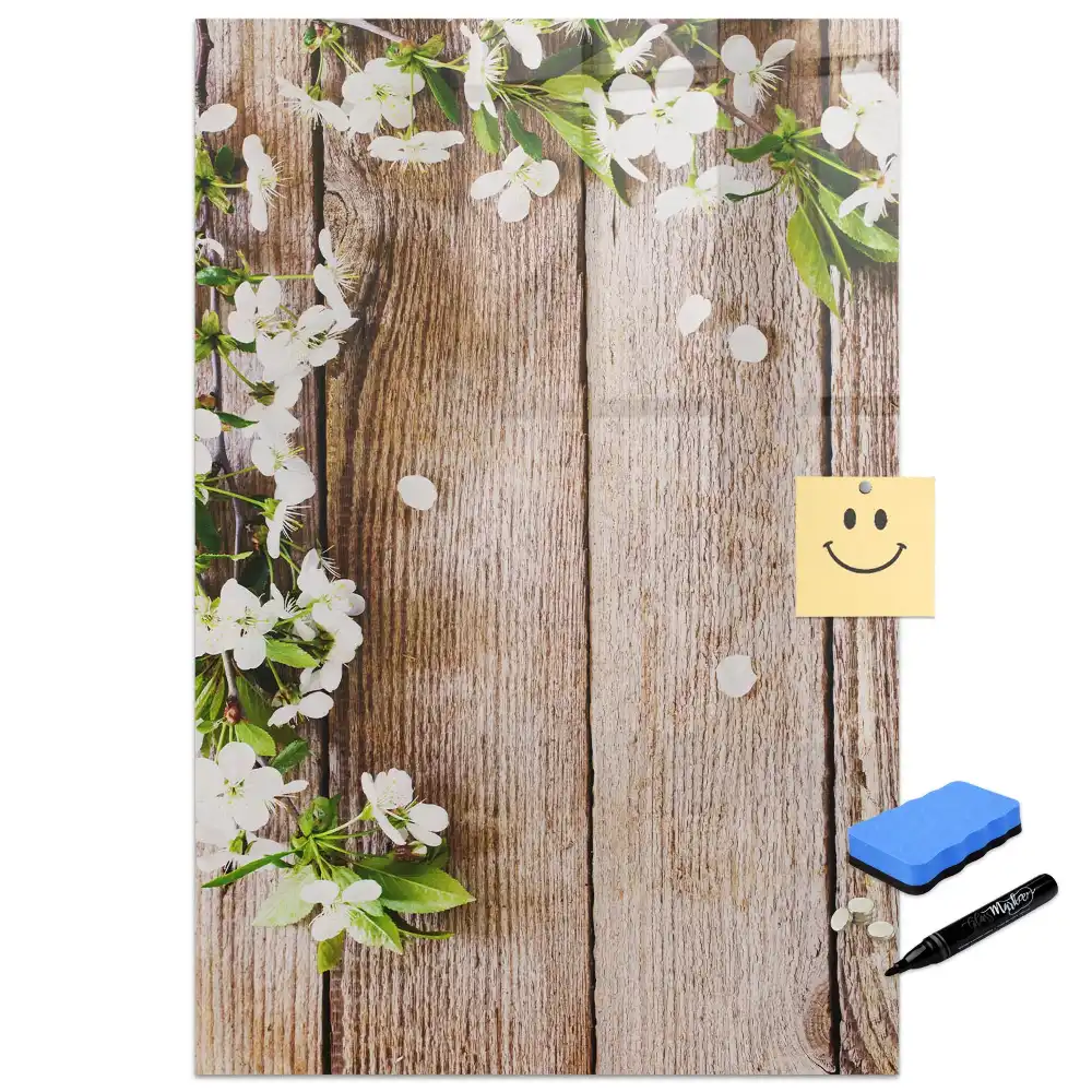 Tablă magnetică de scris cu model floral și fundal cu aspect de lemn