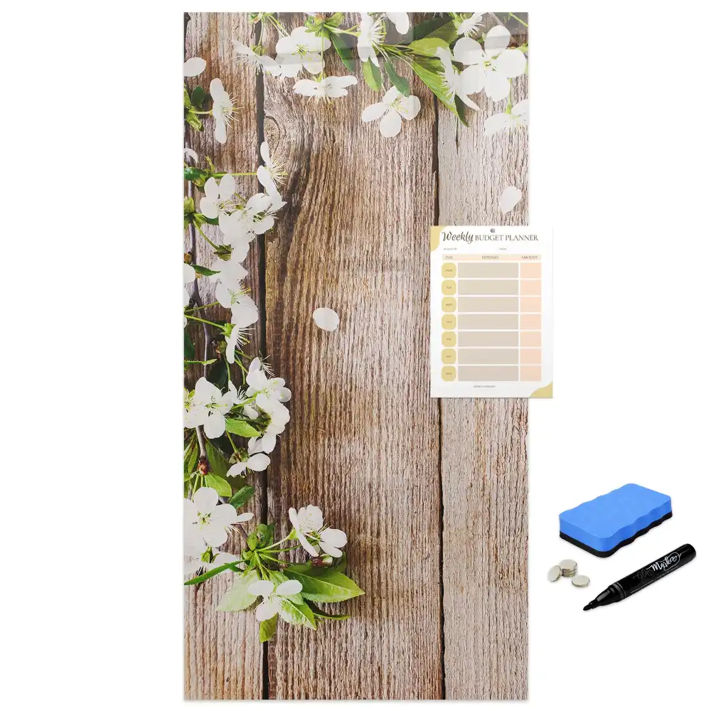 Tablă magnetică de scris cu model floral și fundal cu aspect de lemn