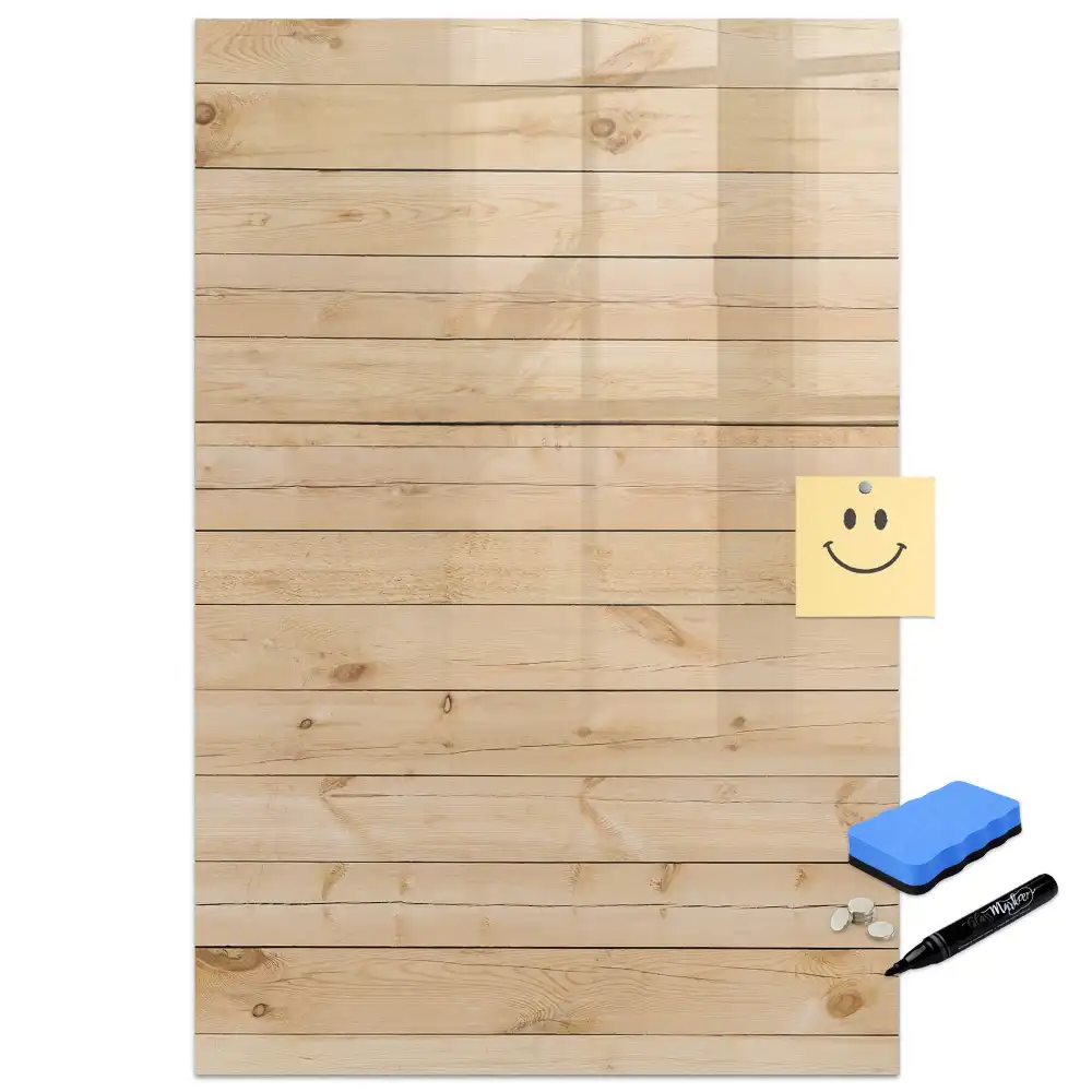 Tablă magnetică de birou cu aspect de scânduri din lemn deschis la culoare