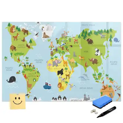 Tablă magnetică harta lumii cu animale și marker