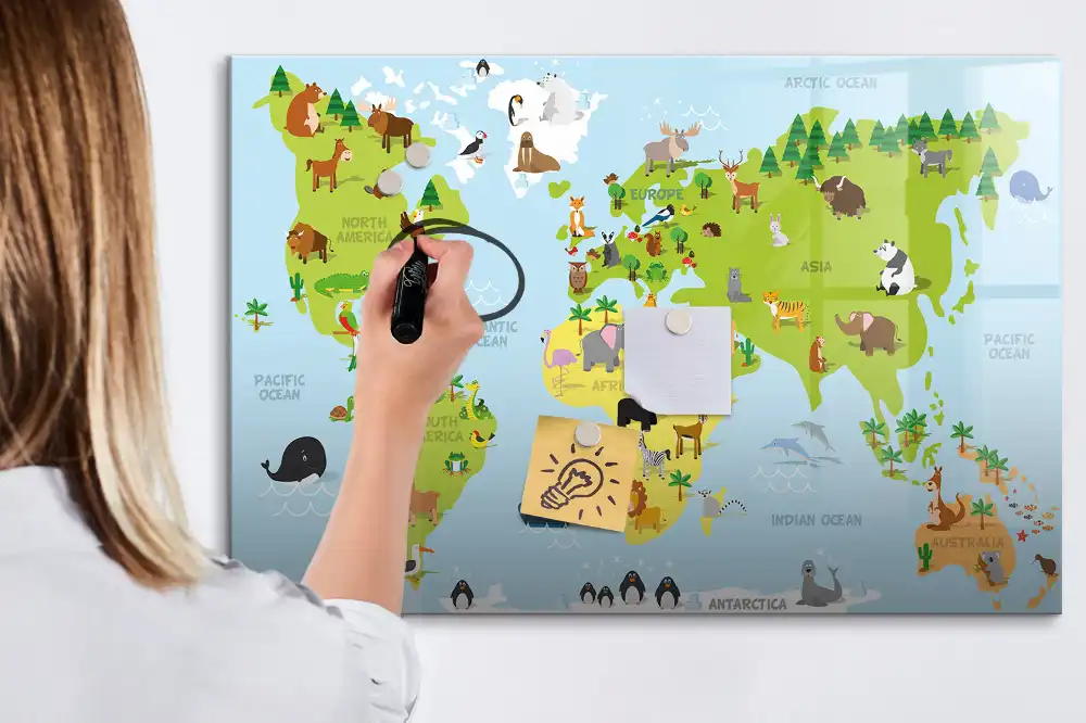 Tablă magnetică harta lumii cu animale și marker