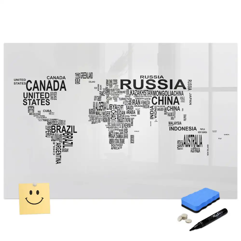 Tablă magnetică cu marker și continente formate din litere
