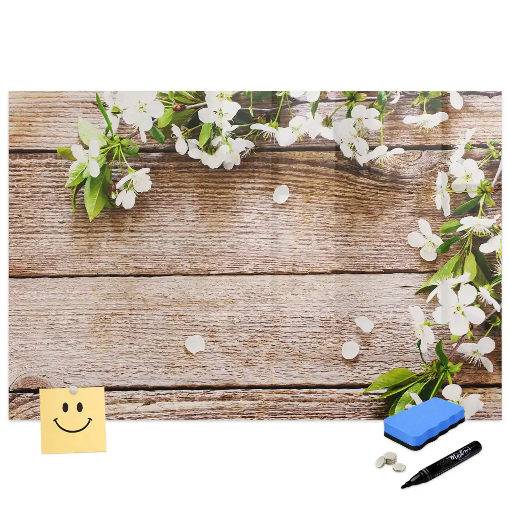 Tablă magnetică de scris cu model floral și ramă din lemn