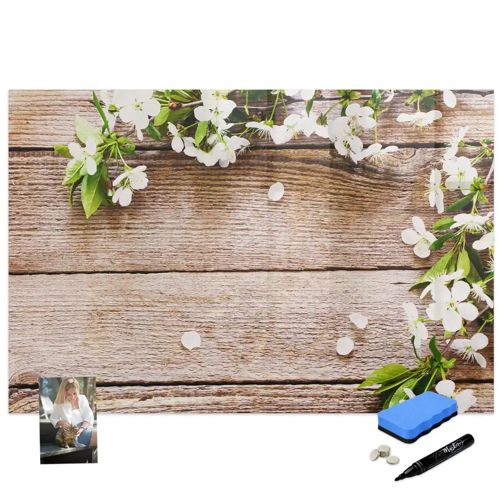 Tablă magnetică de scris cu model floral și ramă din lemn