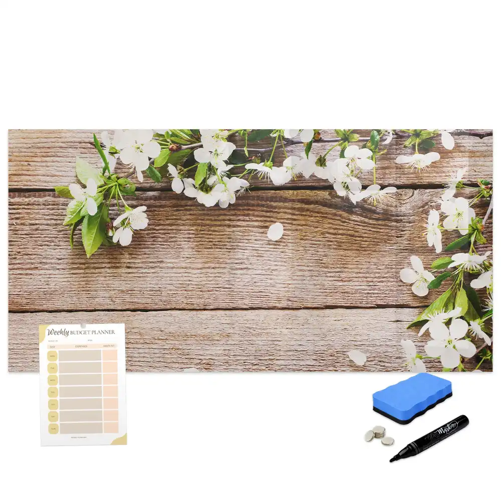 Tablă magnetică de scris cu model floral și ramă din lemn