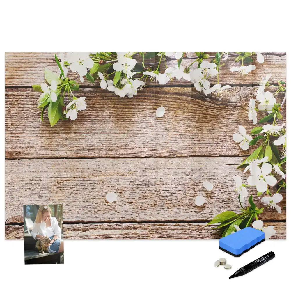 Tablă magnetică de scris cu model floral și ramă din lemn