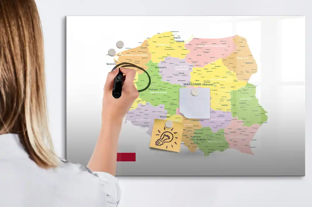 Tablă magnetică cu harta geografică a Poloniei pentru scriere cu marker
