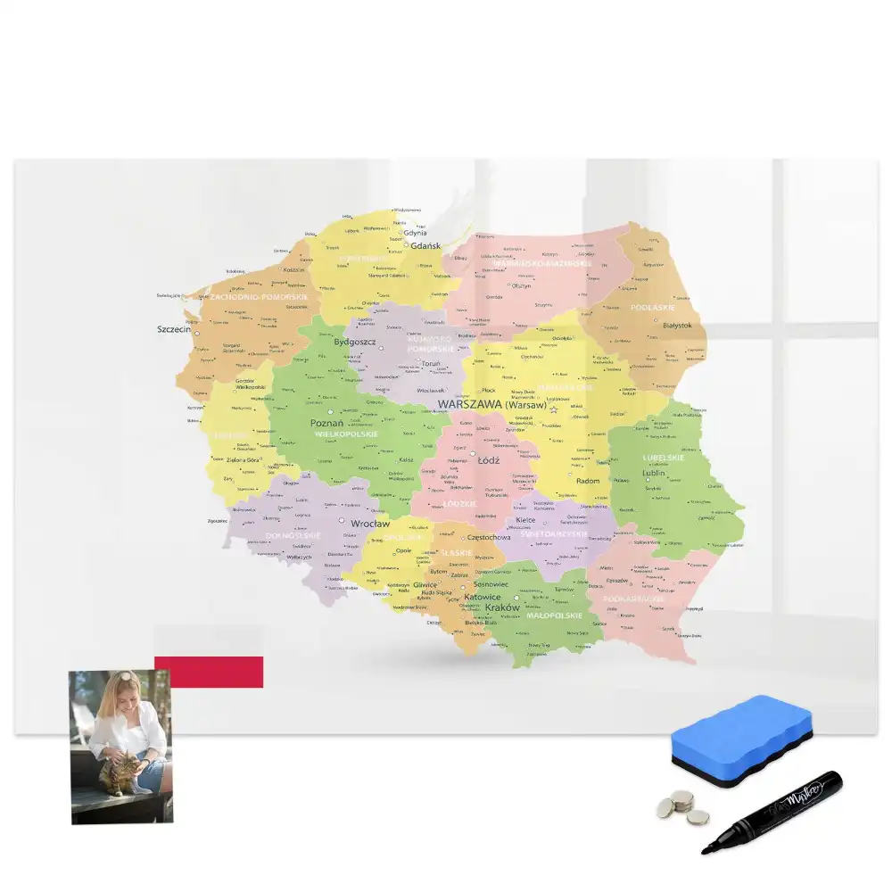 Tablă magnetică cu harta geografică a Poloniei pentru scriere cu marker