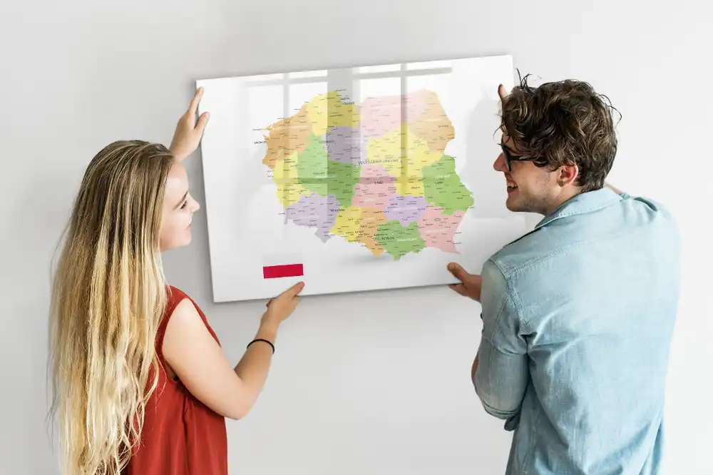 Tablă magnetică cu harta geografică a Poloniei pentru scriere cu marker