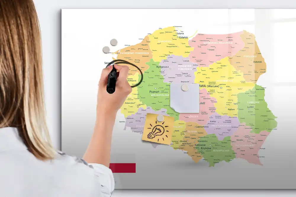 Tablă magnetică cu harta geografică a Poloniei pentru scriere cu marker
