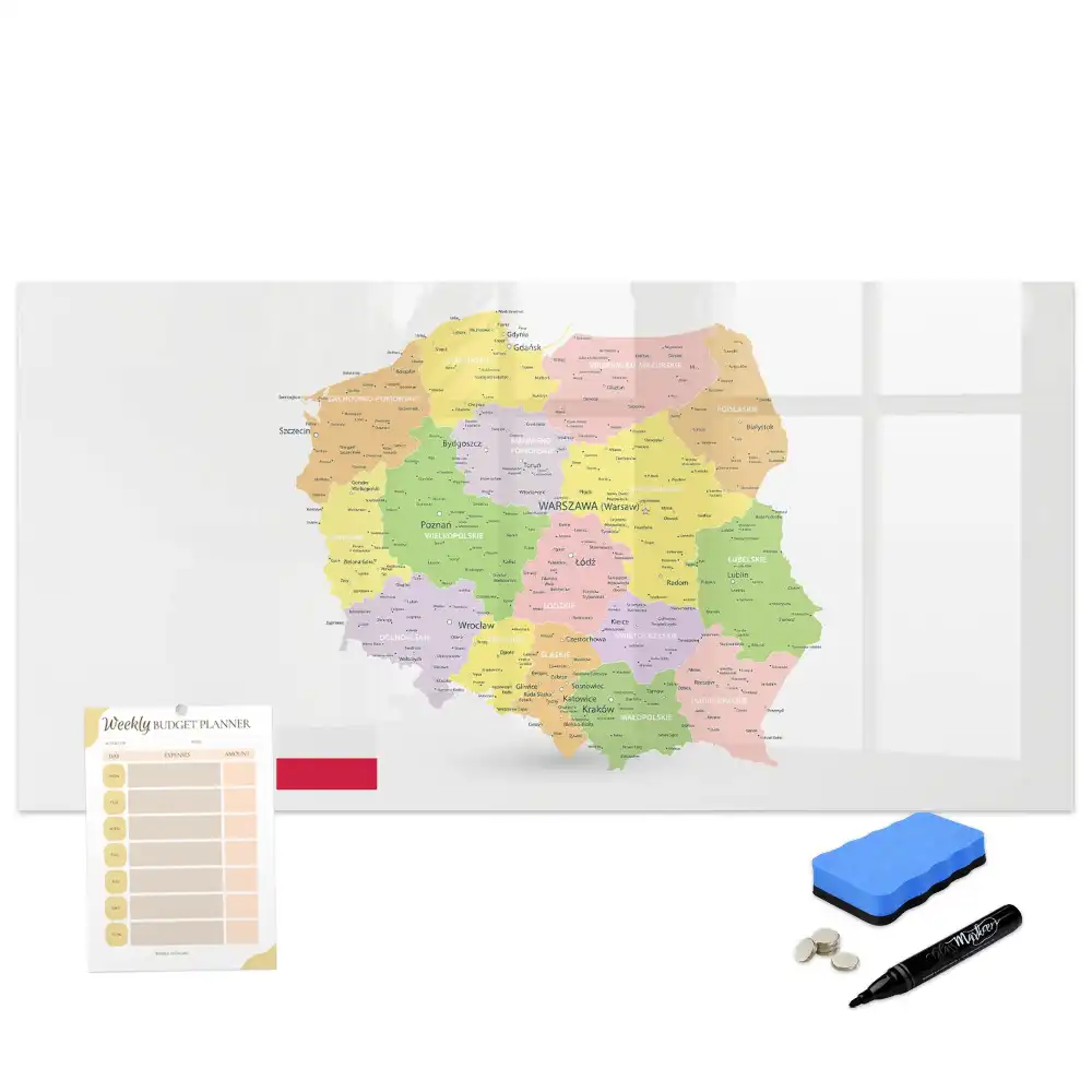 Tablă magnetică cu harta geografică a Poloniei pentru scriere cu marker