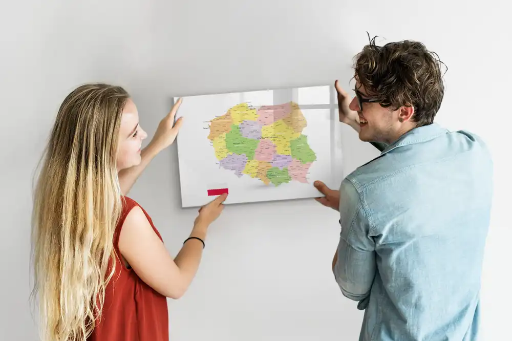 Tablă magnetică cu harta geografică a Poloniei pentru scriere cu marker