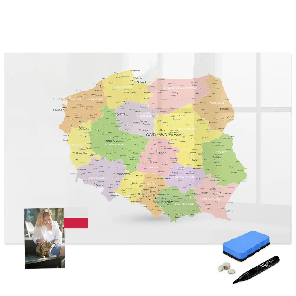Tablă magnetică cu harta geografică a Poloniei pentru scriere cu marker