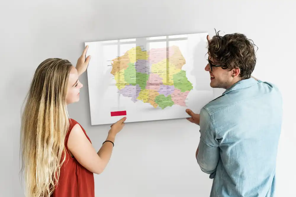 Tablă magnetică cu harta geografică a Poloniei pentru scriere cu marker