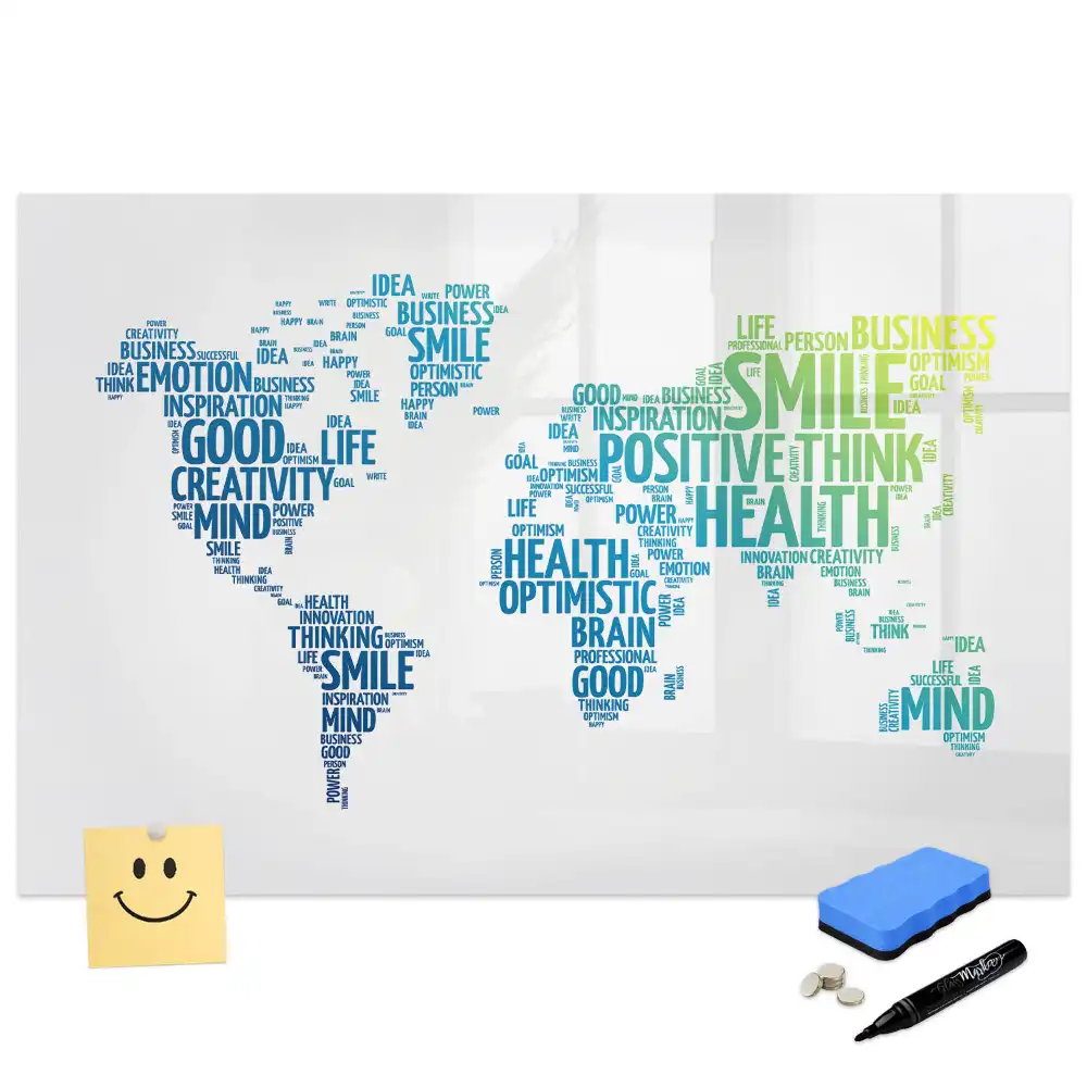 Tablă magnetică cu marker și design hartă cu mesaje inspiraționale