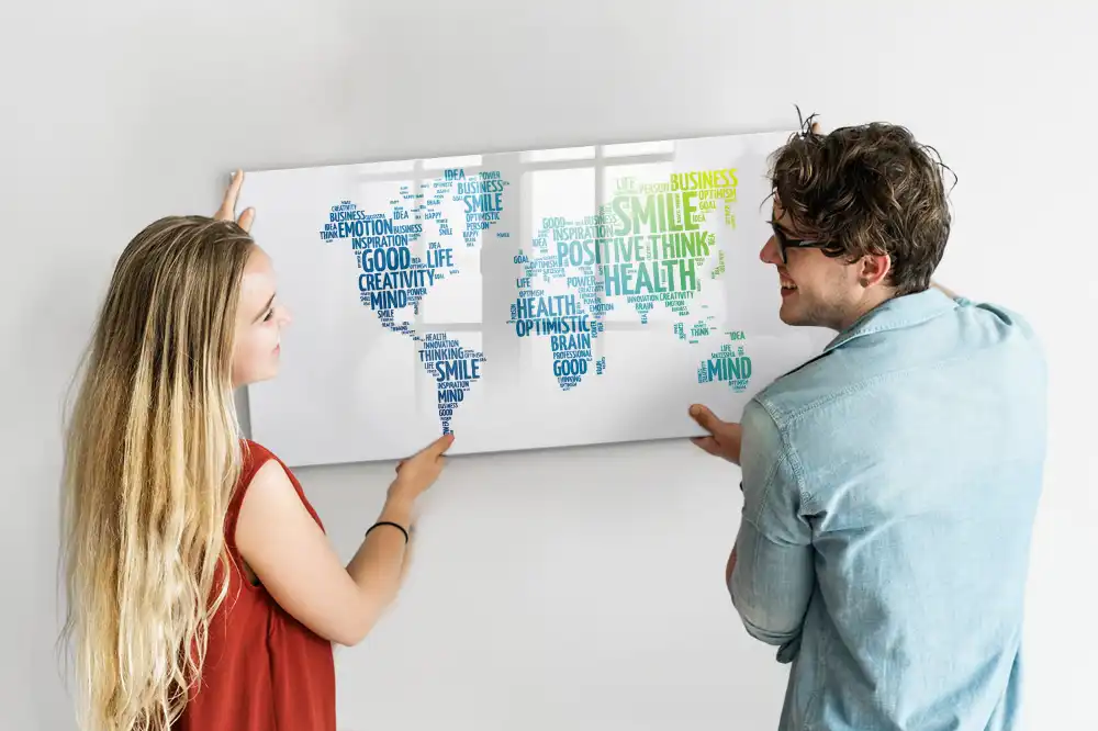 Tablă magnetică cu marker și design hartă cu mesaje inspiraționale