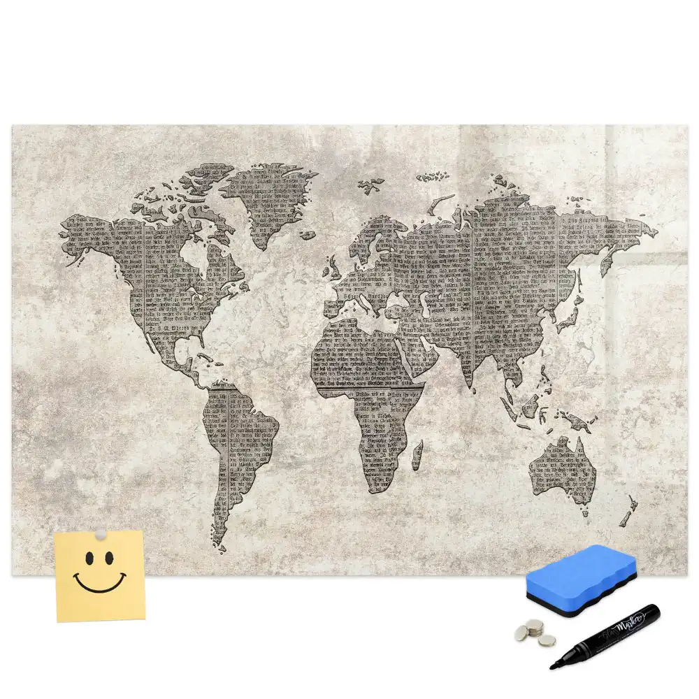 Tablă magnetică pentru scris cu marker și imprimeu cu harta continentelor și ziar