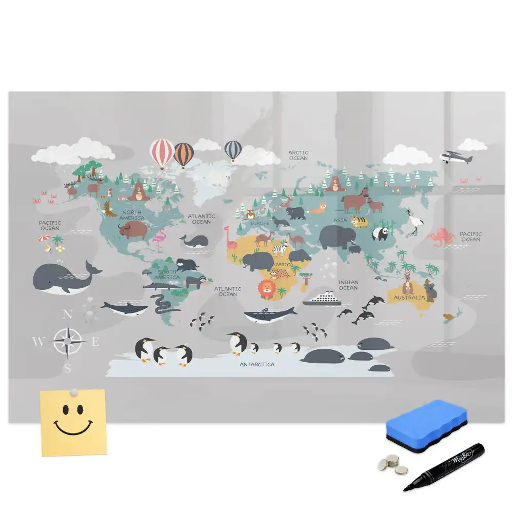Tablă cu marker și model de glob pământesc cu desene animate