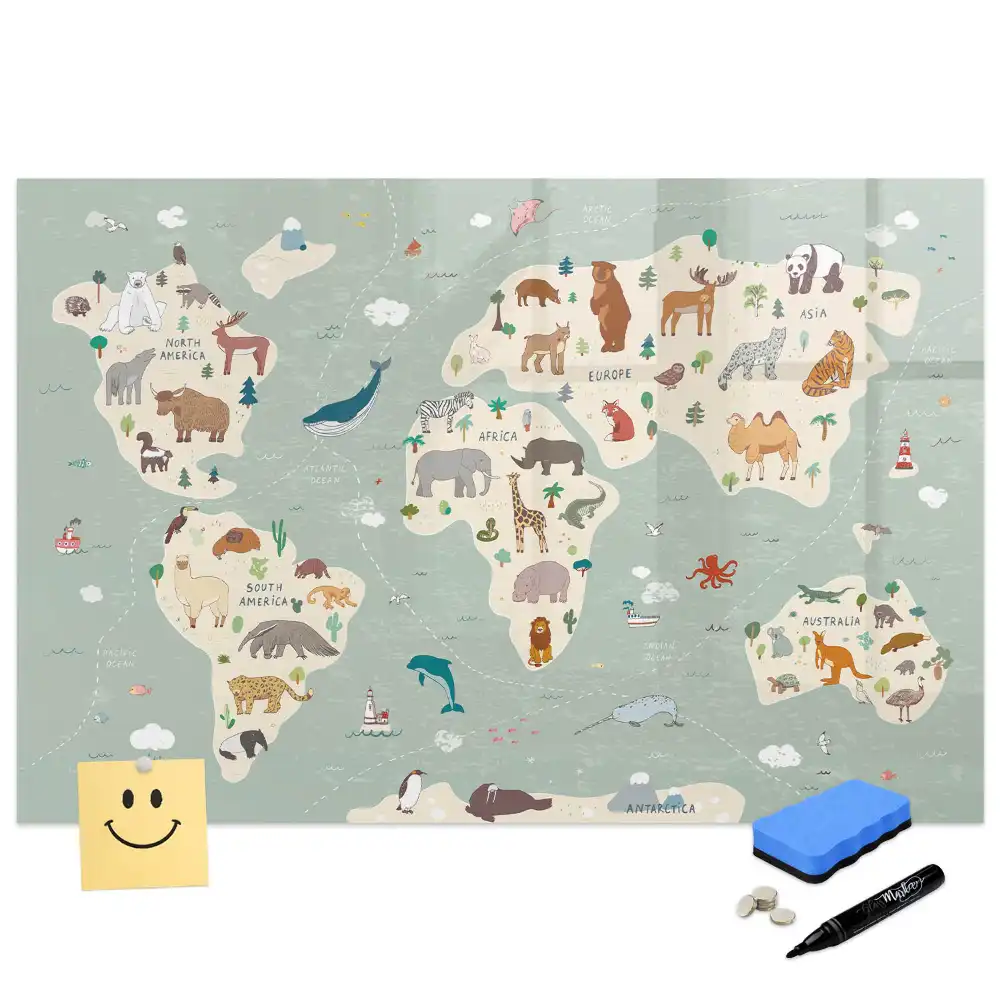 Tablă magnetică cu harta lumii și animale