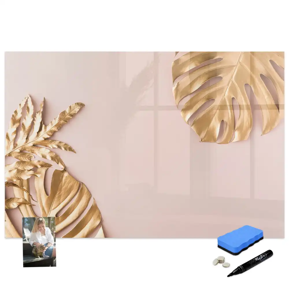 Tablă magnetică cu model de frunze tropicale aurii