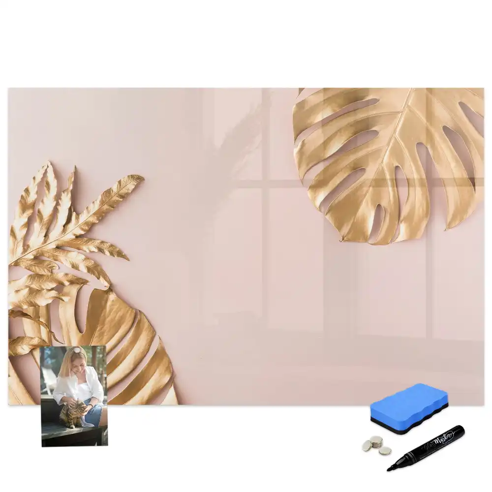 Tablă magnetică cu model de frunze tropicale aurii