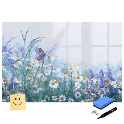 Tablă magnetică pentru scris cu model fluturaș pe o pajiște înflorită