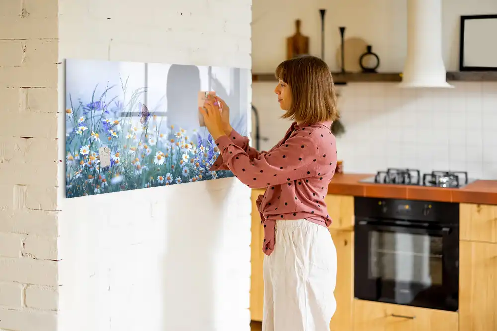 Tablă magnetică pentru scris cu model fluturaș pe o pajiște înflorită