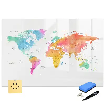 Tablă magnetică de scris în formă de hartă a lumii cu model acuarelă