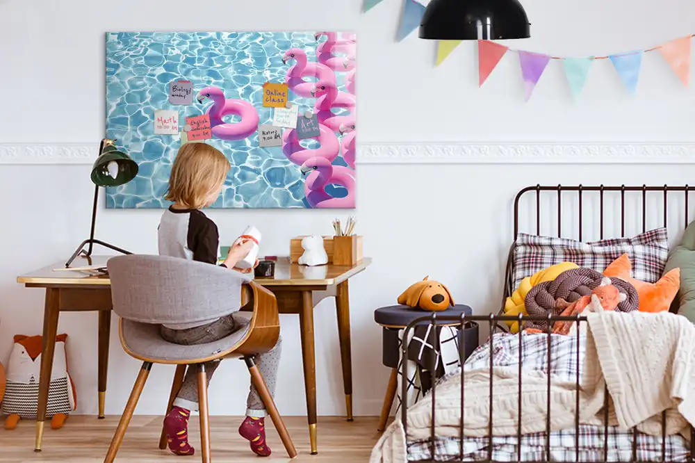 Tablă magnetică decorativă cu model păpădii și flamingo