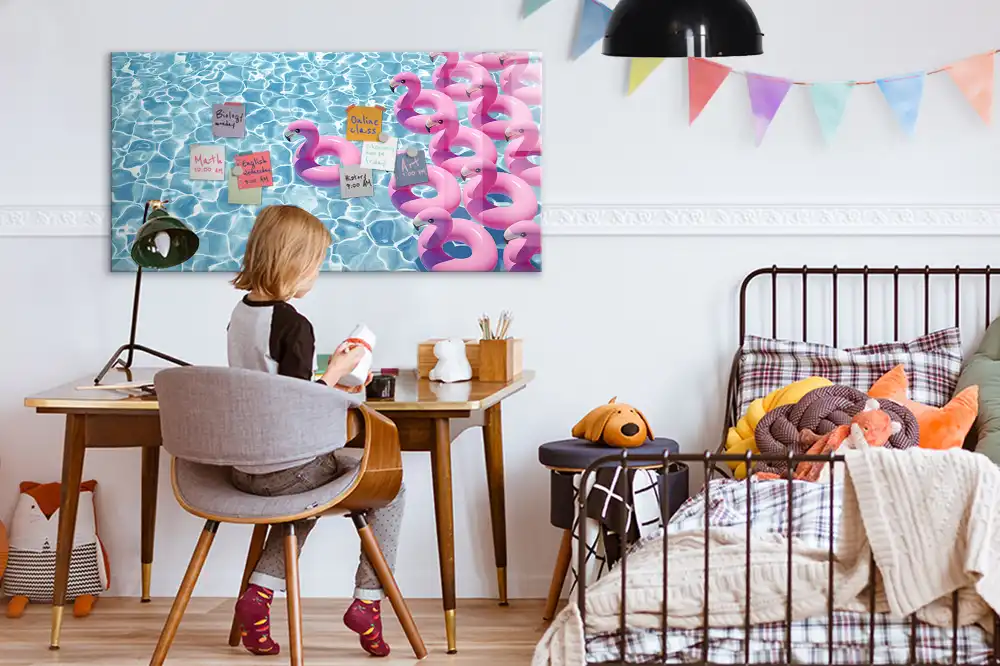 Tablă magnetică decorativă cu model păpădii și flamingo