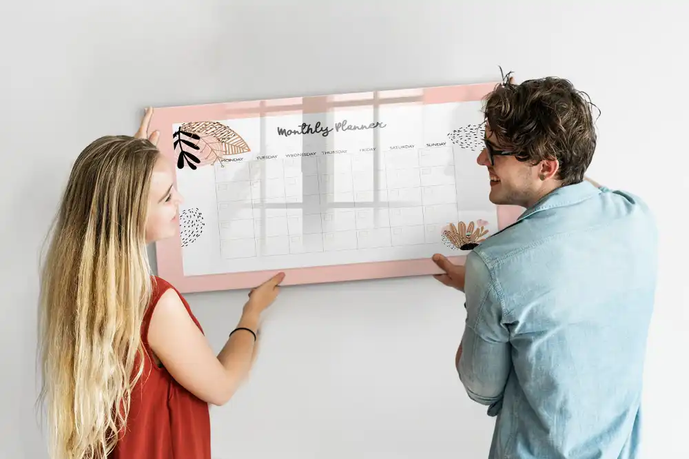 Tablă magnetică cu marker pentru planificare lunară decorată cu flori