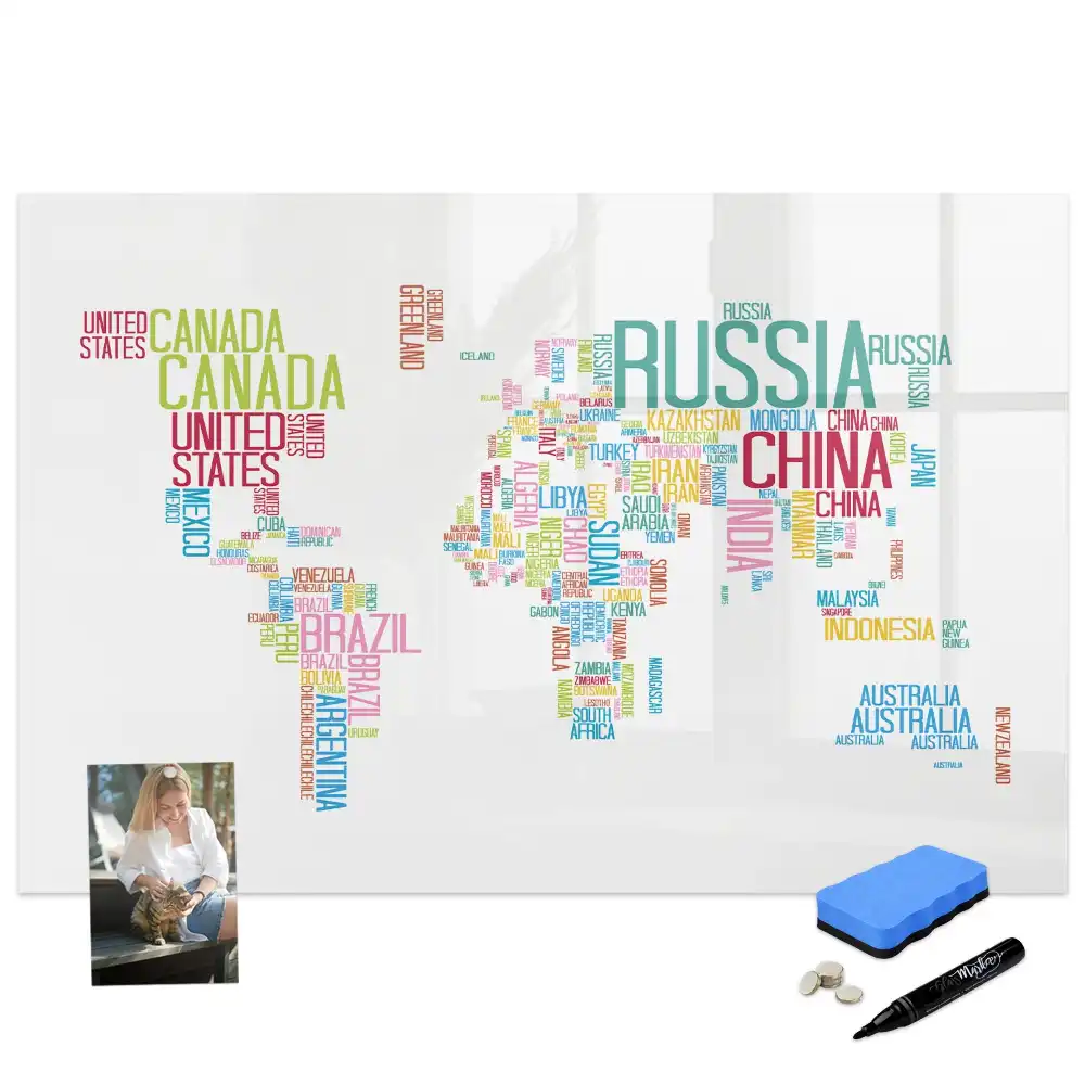 Tablă magnetică cu marker și harta lumii cu granițe