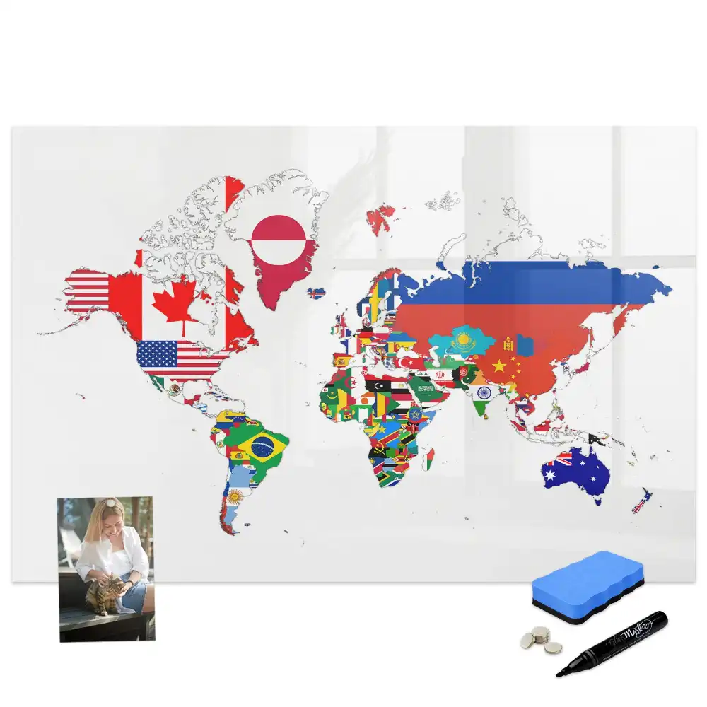 Tablă magnetică cu marker reprezentând steagurile naționale ale lumii