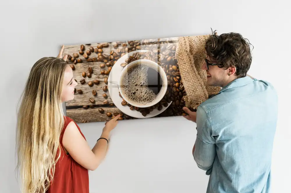 Tablă magnetică din sticlă cu model săculeț de iută cu cafea