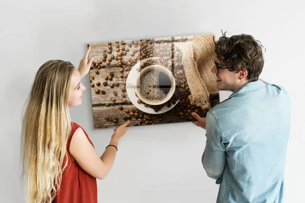 Tablă magnetică din sticlă cu model săculeț de iută cu cafea