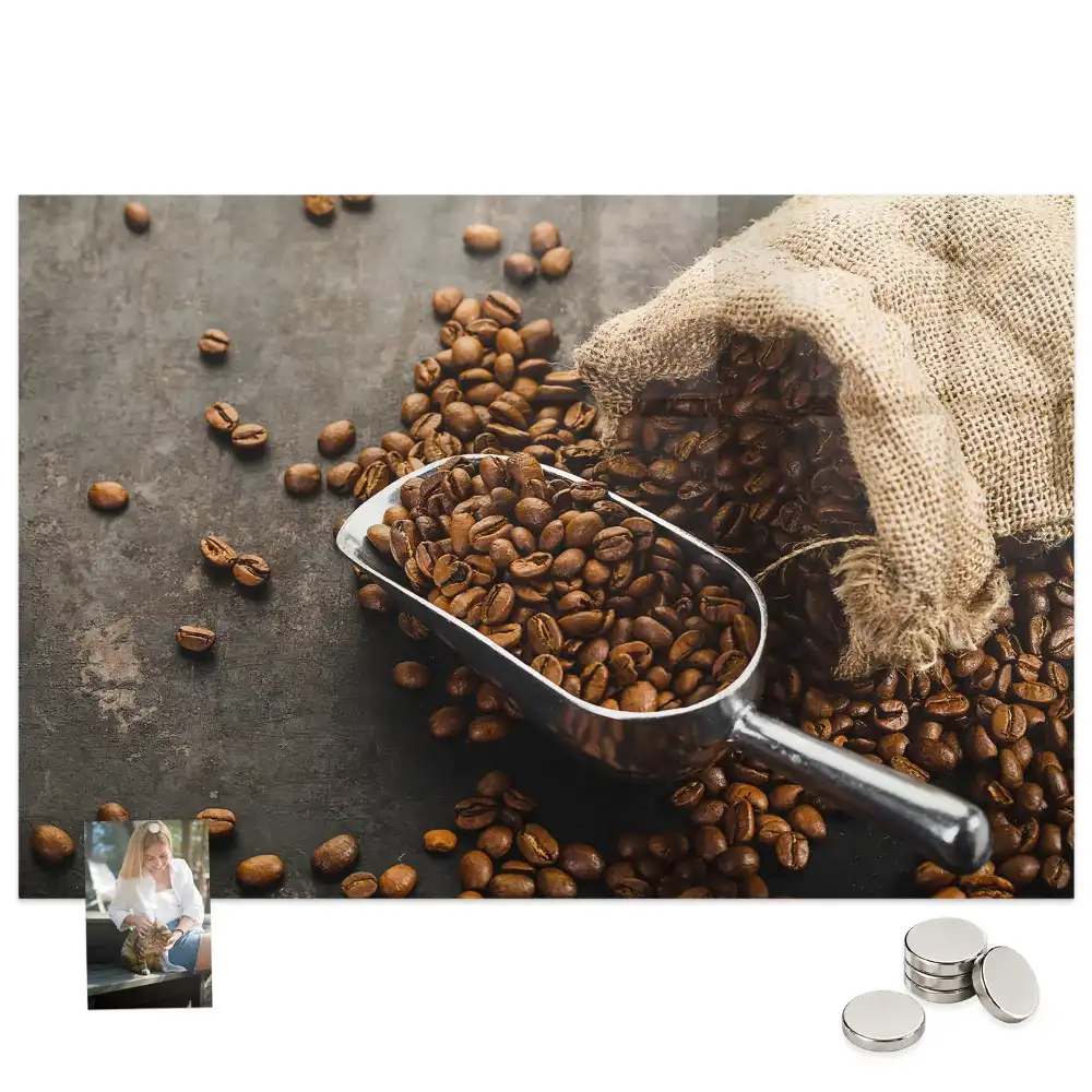 Tablă magnetică din sticlă cu design sac de iută cu cafea