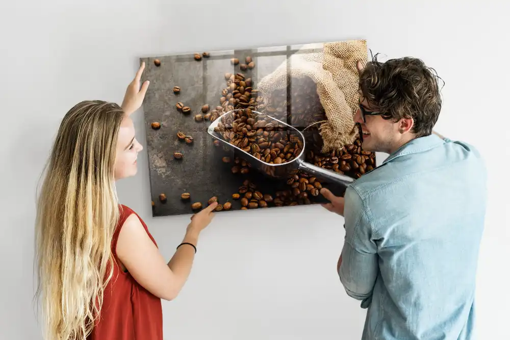 Tablă magnetică din sticlă cu design sac de iută cu cafea