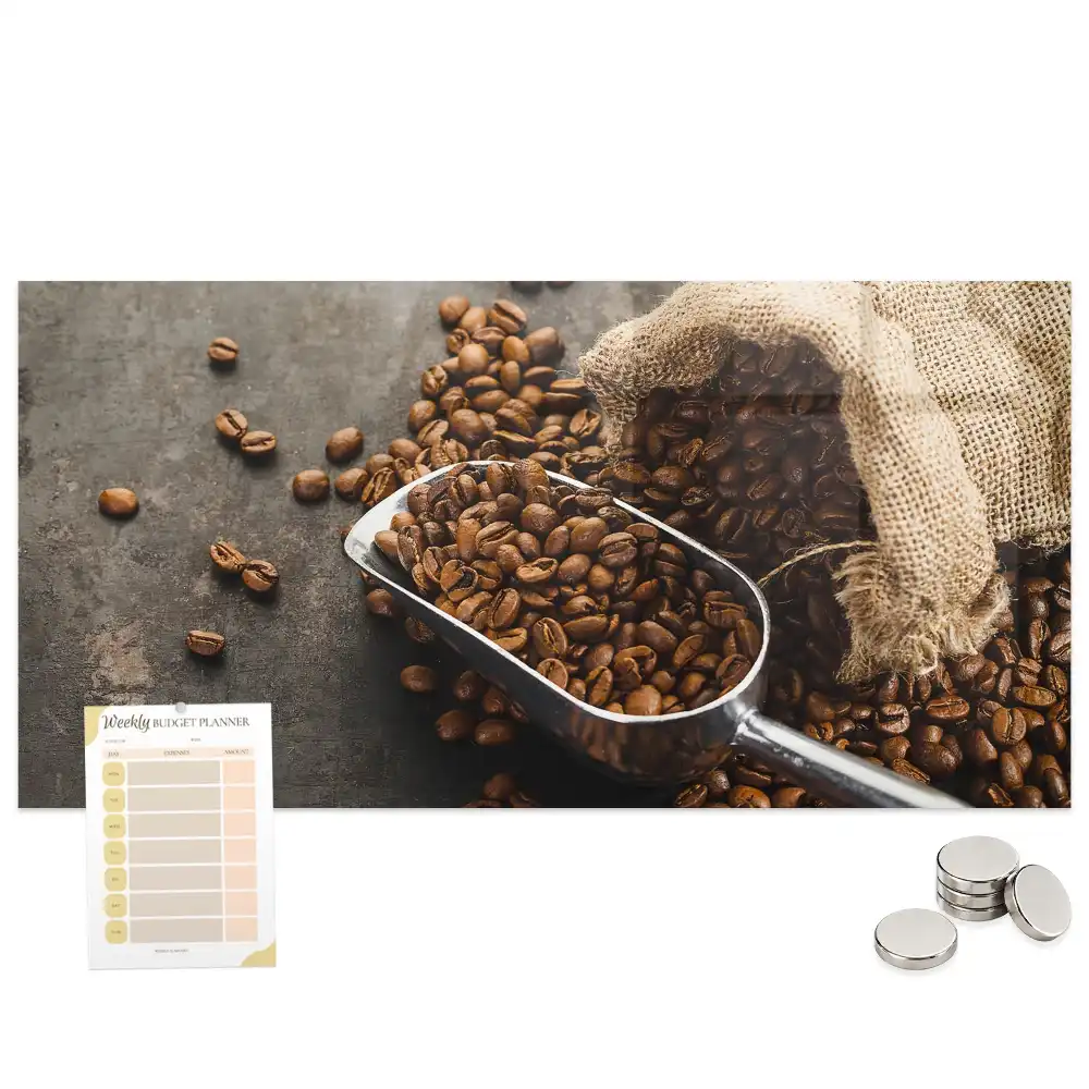 Tablă magnetică din sticlă cu design sac de iută cu cafea
