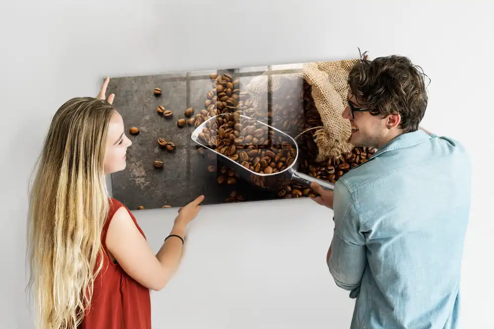 Tablă magnetică din sticlă cu design sac de iută cu cafea