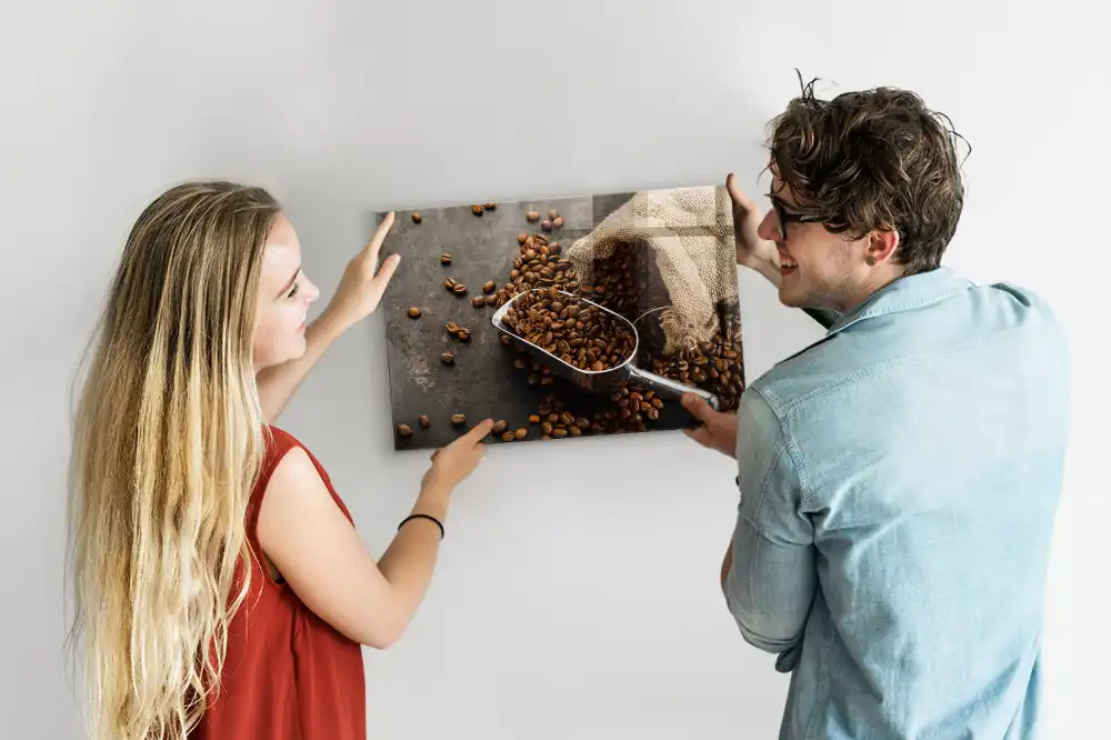Tablă magnetică din sticlă cu design sac de iută cu cafea