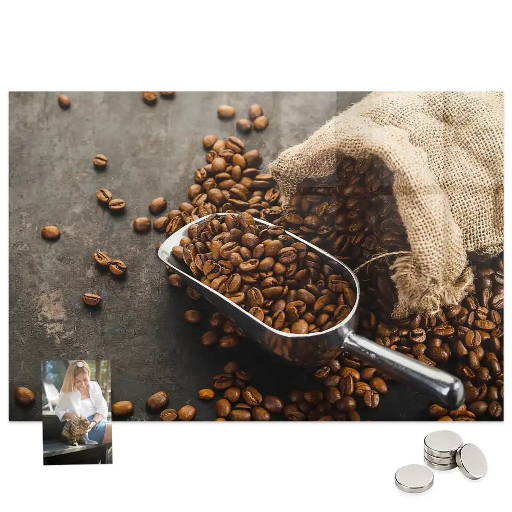 Tablă magnetică din sticlă cu design sac de iută cu cafea